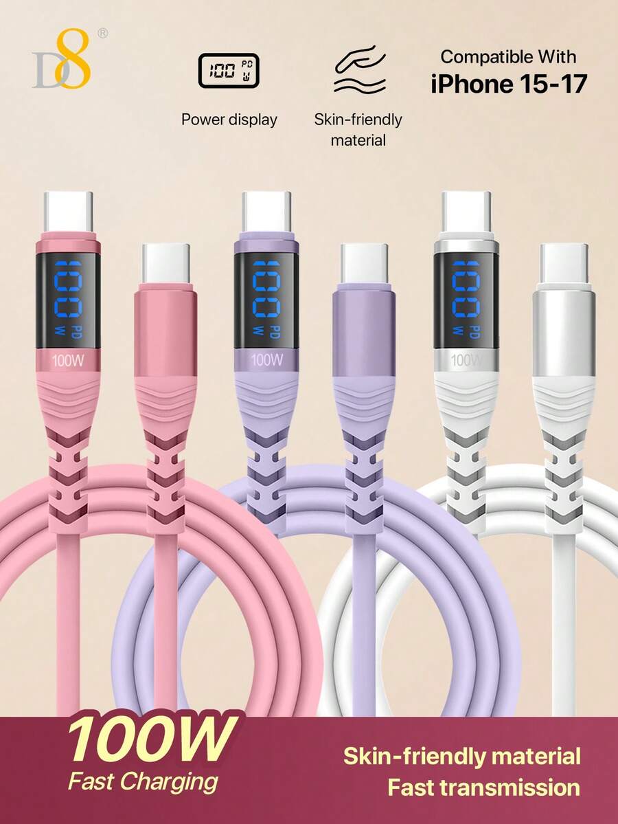 D8 USB C 轉 USB C 數據線 100W/5A PD 快充線，附 LED 顯示螢幕，相容 IP 16/15 Max/13/15Pro/Galaxy S23 S23+ S23 Ultra S22 S22+ S22 Ultra S21/ S21+/ S21 Ultra S20/ S20+/ S20 Ultra Note 20/ 20 Ultra Note 10/ Note 10 Plus A90 A80 A72 A71 A70