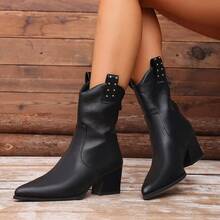 2-Way Detachable Strap Ruched Stacked Western Cowboy Boots For Women, Pointed Toe Chunky Heel Black Motorcycle Mid-Calf Boots - Black - View 6