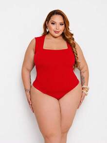 Women's Plus Size Short Sleeve Square Neck Bodysuit With Closure - 紅色 - 查看 4