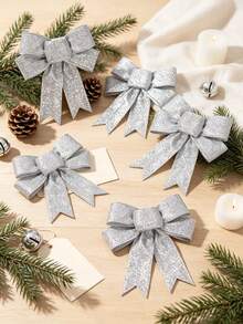 8pcs Shiny Christmas Bow Decorations, Wreath Bows, Large Gifts, Hanging Christmas Tree Ornaments, DIY Wreath Decor, Christmas Decorations, Christmas Tree Hangings, Tabletop Decor, Christmas Party Decorations, Holiday Table, Merry Christmas, 2027 New Year, Winter Greenery Decor, Silver - B - View 1