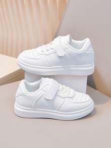 Classic Pure White Campus Style Sports Shoes For Boys And Girls, Breathable Lightweight Student Hook And Loop Slip-On Shoes - White - View 1
