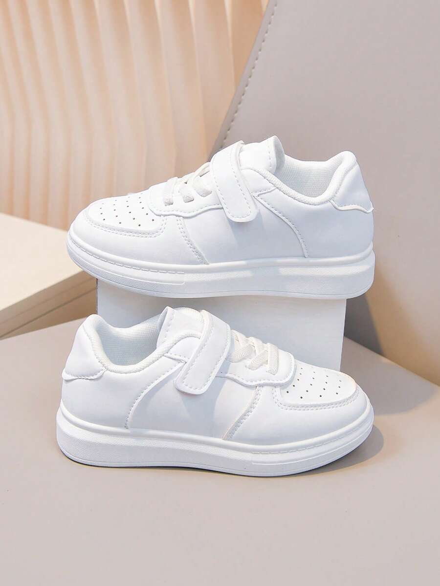 Classic Pure White Campus Style Sports Shoes For Boys And Girls, Breathable Lightweight Student Hook And Loop Slip-On Shoes - White - View 1