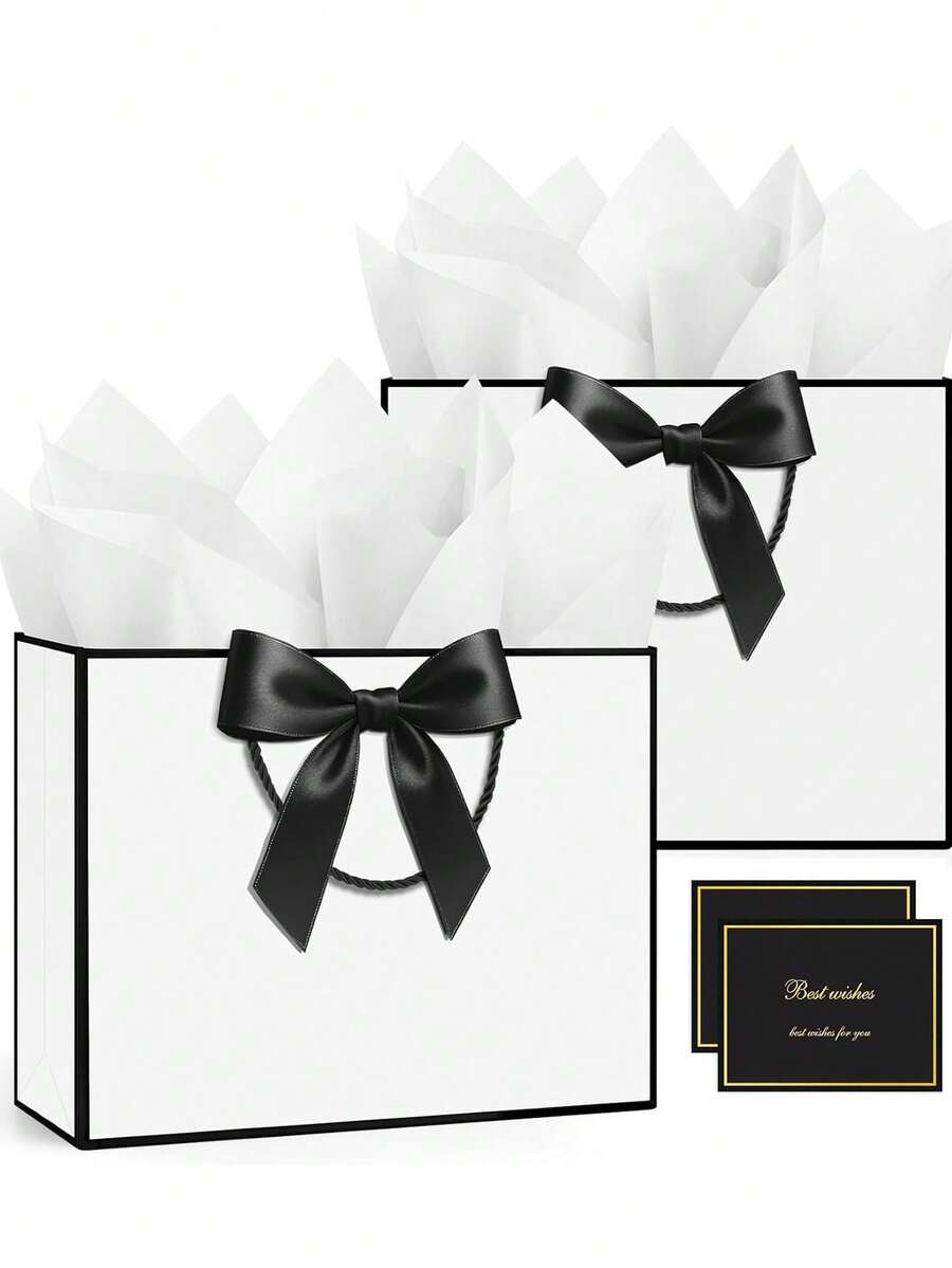 2pcs White Medium Gift Bags, Suitable For Men & Women Birthday, Graduation, Wedding, Engagement, Bridal, Festival, Party & Gift Decoration - Multicolor - View 1