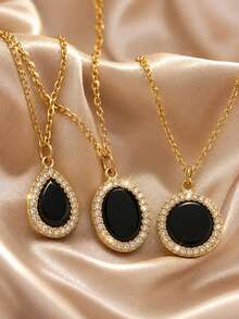 1/3Pcs 18K Gold Plated Stainless Steel Necklace Set, Black Teardrop Oval Round CZ Halo Pendant, Daily Wear Dainty Holiday Gift Jewelry For Women - Gold - View 3