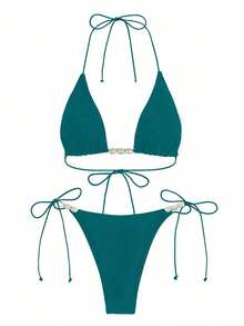 Two-Piece Bikini Set With Pearl Decoration And Thin Ribbon In A Green Triangle, An Elegant And Casual Swimsuit Set For Summer Beach Vacation Parties - Green - View 3