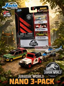 Jada Toys JurassicWor-Ld Nano Holly-Wood Rides Bộ 3 Xe Đúc Mini, Mẫu JeepWrangler, Explorer & Trực Thăng, Bộ Sưu Tập Phim Phiêu Lưu Khủng Long, Xe Mô Hình Kim Loại Chi Tiết, Bộ Xe Sưu Tập, Quà Tặng Cho Người Hâm Mộ - Nhiều màu - Xem 1