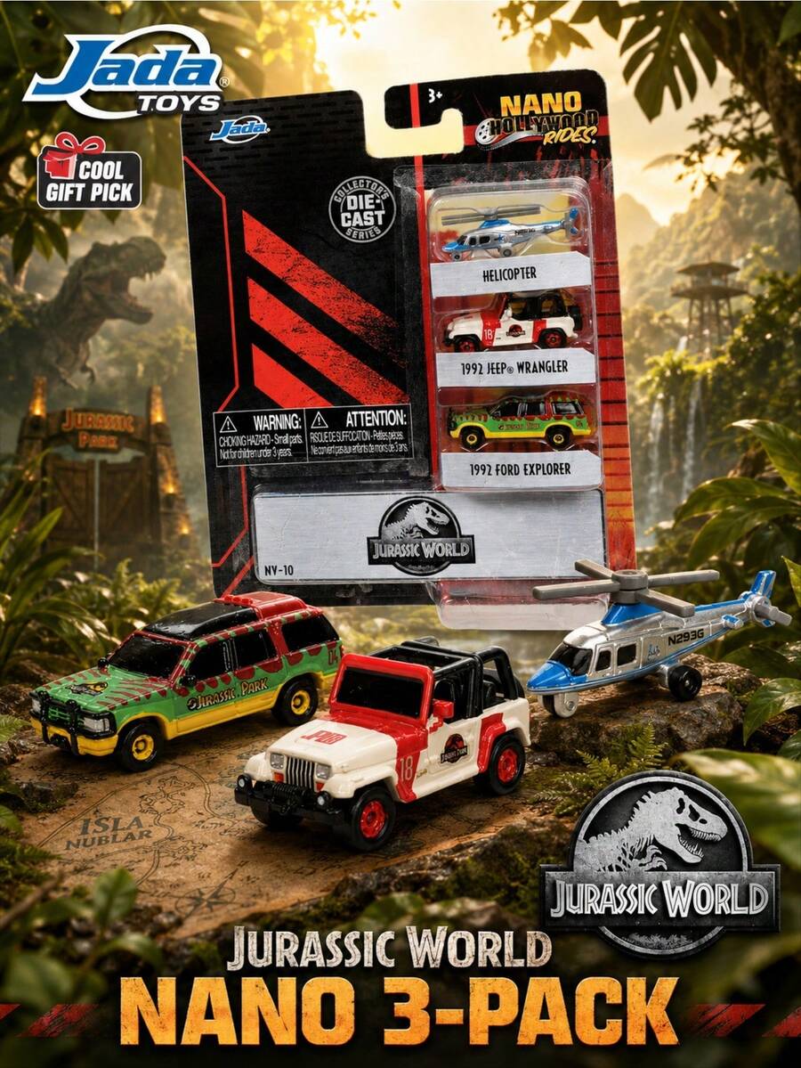 Jada Toys JurassicWor-Ld Nano Holly-Wood Rides Bộ 3 Xe Đúc Mini, Mẫu JeepWrangler, Explorer & Trực Thăng, Bộ Sưu Tập Phim Phiêu Lưu Khủng Long, Xe Mô Hình Kim Loại Chi Tiết, Bộ Xe Sưu Tập, Quà Tặng Cho Người Hâm Mộ - Nhiều màu - Xem 1