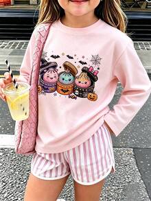 [Halloween]Tween Girl Fun Print Round Neck Long Sleeve T-Shirt, Autumn/Winter Top - Pink - View 1