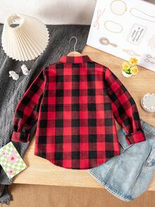 Unisex Kids Classic Street Casual Versatile Loose Fit Long Sleeve Red & Black Plaid Shirt, Suitable For Daily Wear, Vacation, Party And Other Activities - Red and Black - View 5