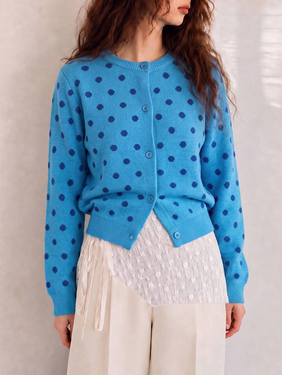 Women's Autumn Casual Elegant Polka Dot Pattern Crew Neck Knit Cardigan Fall - Blue - View 1
