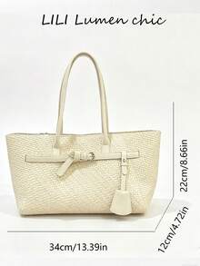 Woven Texture With Metal Hardware Decor, Large Capacity Space For Commuting Laptop, Textbooks And Daily Essentials, Dual Long Handles For Hand-Carry Or Shoulder Use, Magnetic Closure, Simple And Practical For Daily Work, School, Supermarket Shopping, Short Trips, Versatile Casual Shoulder Tote Bag - White - View 2