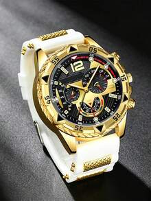 Men 5Pcs Gold Quartz Watch Jewelry Set,Silicone Strap Chronograph Large Dial Watch Cross Necklace Bracelet Ring Hip Hop Daily Gift Set - Set - View 9