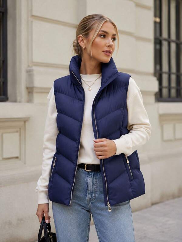 Women's Down Vest, Insulated Vest, Fitted, Zippered, Pockets.