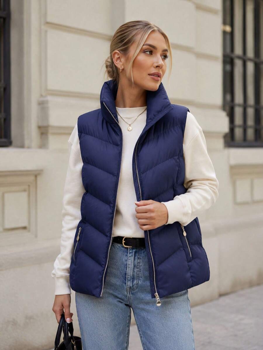 Women's Down Vest, Insulated Vest, Fitted, Zippered, Pockets. - Navy Blue - View 1