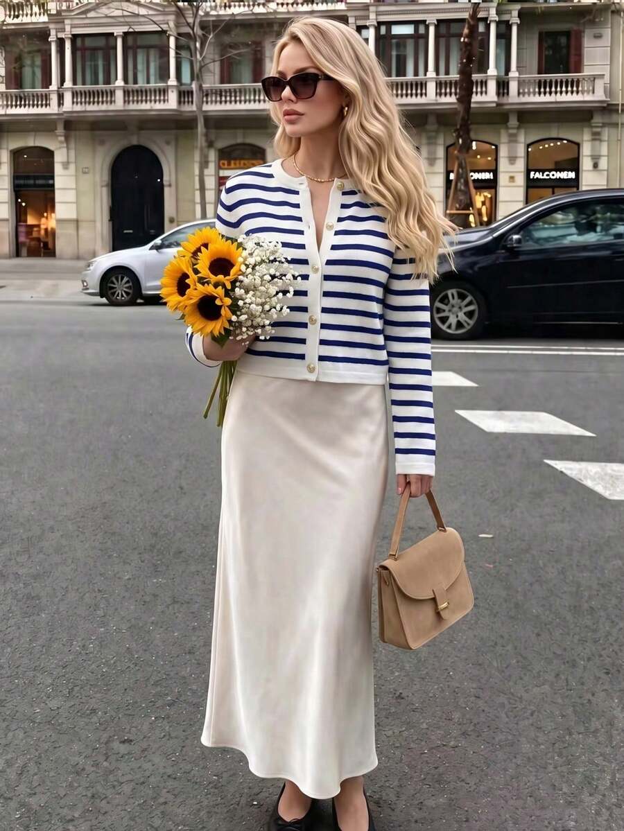 女款優雅條紋圓領針織開襟衫,百搭時尚休閒毛衣,通勤復古外套,秋季 - 藏蓝色 - 查看 1