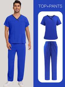 Men's Scrub Set V-Neck Scrub Top And Pants Work Uniform Elastic Waistband 8 Pockets - Royal Blue - View 1