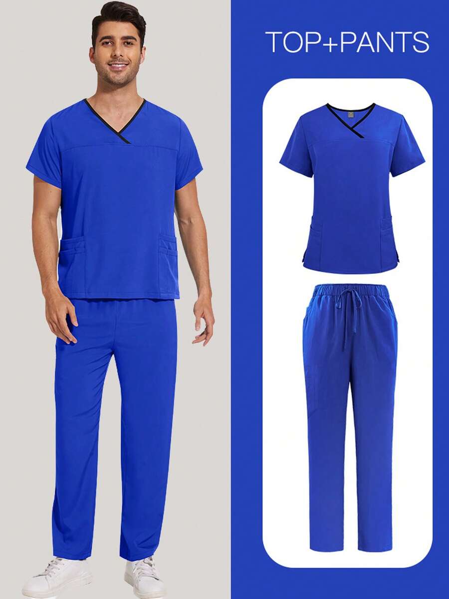 Men's Scrub Set V-Neck Scrub Top And Pants Work Uniform Elastic Waistband 8 Pockets - Royal Blue - View 1