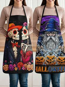 4pcs Day Of The Dead & Halloween Graphic Kitchen Apron, Sugar Skull Couple Grim Reaper Wizard Print Adjustable Cooking Apron For Holiday Party Decor - Multicolor - View 3