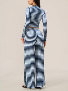 TimeOff Women's One Set Autumn/Winter Color-Block Striped Zip-Up Jacket With Side Pockets And Drawstring Waist Wide-Leg Pants - Royal Blue - View 8