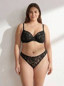 Rosiemei 1pc Plus Size Women Solid Color Lace Padded Lingerie Bra And Panty Set, Lift - Black - View 2