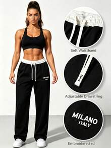 1pc Women's Autumn/Winter Soft Comfortable Breathable Running Fitness Sports Casual Letter Print Sweatpants - Black - View 7
