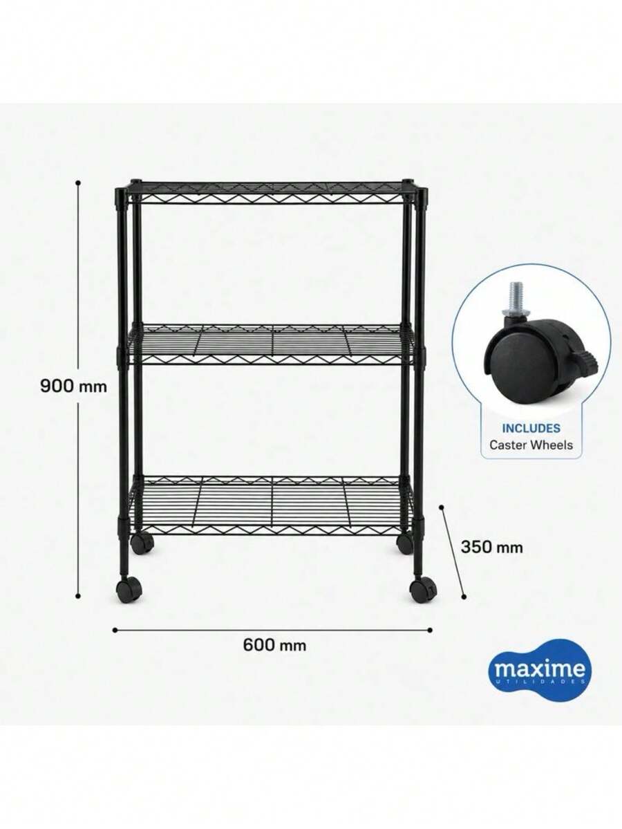 Maxime Utilidades Estante Aço 3 Prateleiras Preta 90 Cm C Rodinha Giratória Ajustável 35kg Prática e Reforçada - Visão 1