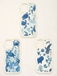3 Pcs Wavy White Edge Ocean Sea Turtle Print Phone Case, Blue Tone Underwater Creature Illustration Soft Shell, Thickened Wavy Frame Full Coverage Anti-Drop TPU Phone Cover, Ins Vacation Style Niche Fresh Digital Accessory; Suitable For Valentine's Day, Easter, Mother's Day, Father's Day, Independence Day, Halloween, Thanksgiving, Christmas, New Year, Birthday, Back To School Gifts, Compatible With IPhone 17/17 Pro - Multicolor - View 61