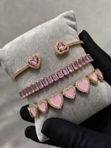 1/3pcs Women's Elegant Luxury Heart-Shaped Trapezoid Zirconia Layered Bracelet Set, Adjustable Heart Open Bangle, Full Row Trapezoid Diamond Tennis Bracelet, Halo Heart Diamond Chain, Jewelry For Women's Evening Party, Date, Birthday, Holiday - Bracelet Set C - View 1