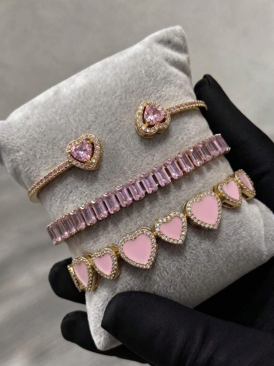 1/3pcs Women's Elegant Luxury Heart-Shaped Trapezoid Zirconia Layered Bracelet Set, Adjustable Heart Open Bangle, Full Row Trapezoid Diamond Tennis Bracelet, Halo Heart Diamond Chain, Jewelry For Women's Evening Party, Date, Birthday, Holiday - Bracelet Set C - View 1