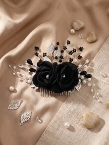 1pc Gothic Style Black Rose Hair Comb, Vintage Rhinestone & Pearl Hair Accessory, Handmade Hair Ornament For Women, Bride, Wedding, Halloween Costume Accessory - Black - View 2
