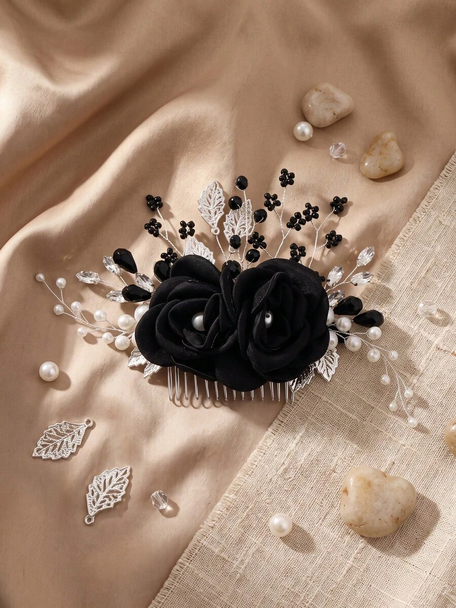1pc Gothic Style Black Rose Hair Comb, Vintage Rhinestone & Pearl Hair Accessory, Handmade Hair Ornament For Women, Bride, Wedding, Halloween Costume Accessory