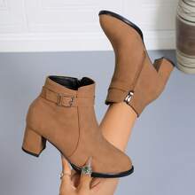 Botas de Tornozelo Femininas da Moda, Salto Grosso, Fechamento com Zíper, Adequadas para Outono/Inverno, Natal e Dia dos Namorados - Caramelo - Visão 2