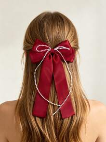 1pc Satin Double Layer Long Ribbon Pearl Chain Bow Hair Clip, Gentle Girl Half-Up Hair Accessory, Multi-Color Minimalist Versatile Hair Ornament, Back To School Gift - Multicolor - View 1