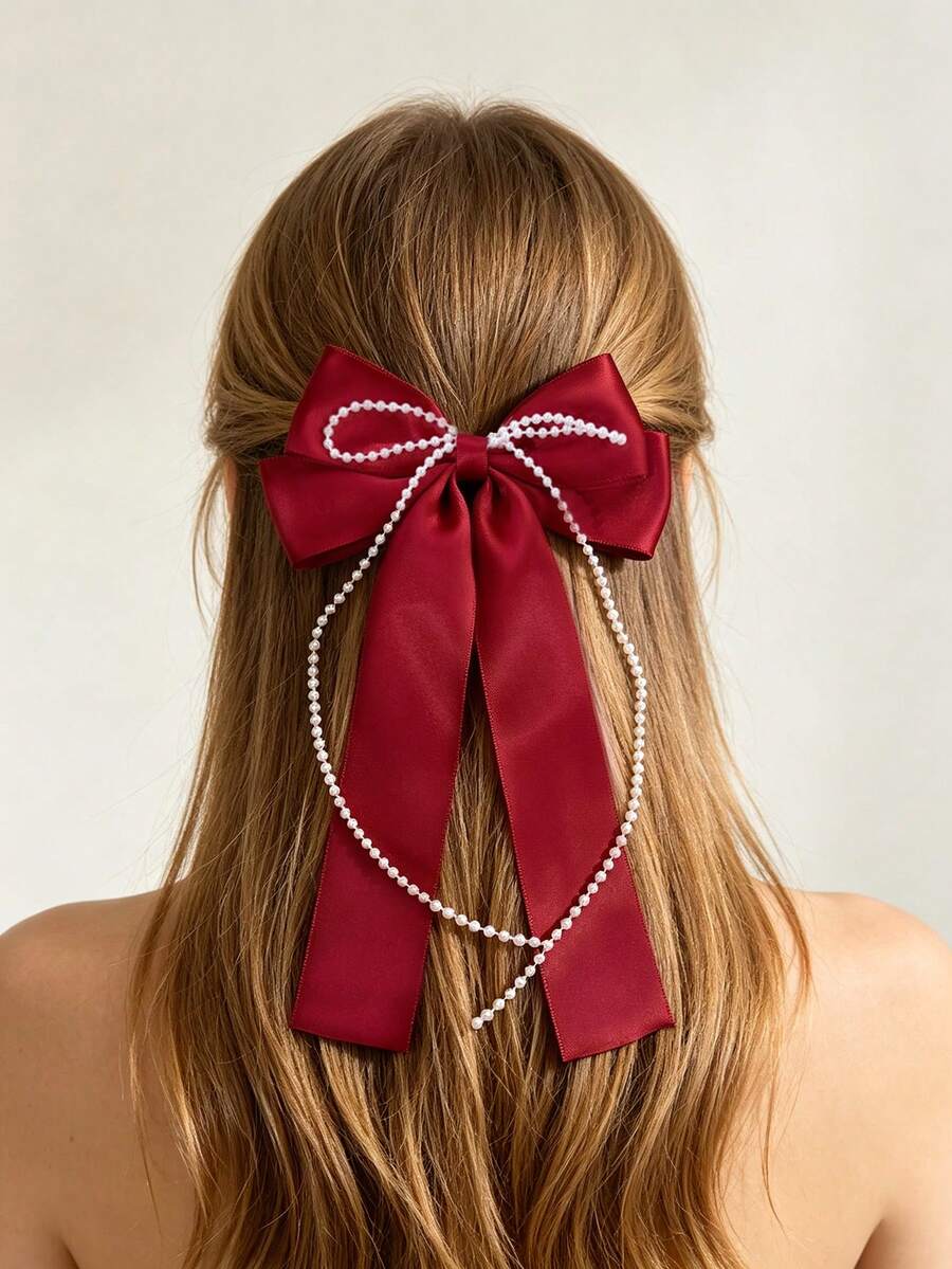 1pc Satin Double Layer Long Ribbon Pearl Chain Bow Hair Clip, Gentle Girl Half-Up Hair Accessory, Multi-Color Minimalist Versatile Hair Ornament, Back To School Gift - Multicolor - View 1