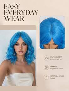 Women's Shoulder-Length Christmas Green Curly Bob Wig With Bangs, Beautiful Colorful Heat-Resistant Synthetic Hair, Suitable For Holidays, Daily Fashion, Cosplay, Halloween And Christmas, Braided Wig - Blue - View 3