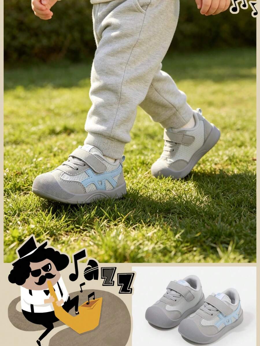 1雙中性幼童奶油棕色拼色縫線拼接魔鬼氈滑板鞋，寬圓頭低筒平底四季日常款（尺寸依鞋墊公分）