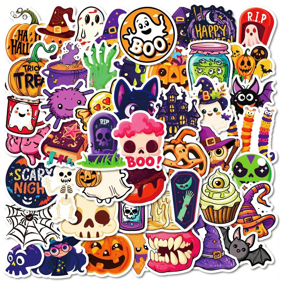 50pcs Halloween Pumpkin Ghost Bat Element Stickers, Waterproof DIY Scrapbook Decoration Stickers, Scrapbook Supplies, Wall Decor, Bedroom Decor, Home Decor, Room Decor, Waterproof Vinyl Stickers, Suitable For Envelopes, Water Bottles, Computers, Notebooks, Phones, Luggage, Notebooks, Refrigerators And Other Items. - Multicolor - View 1