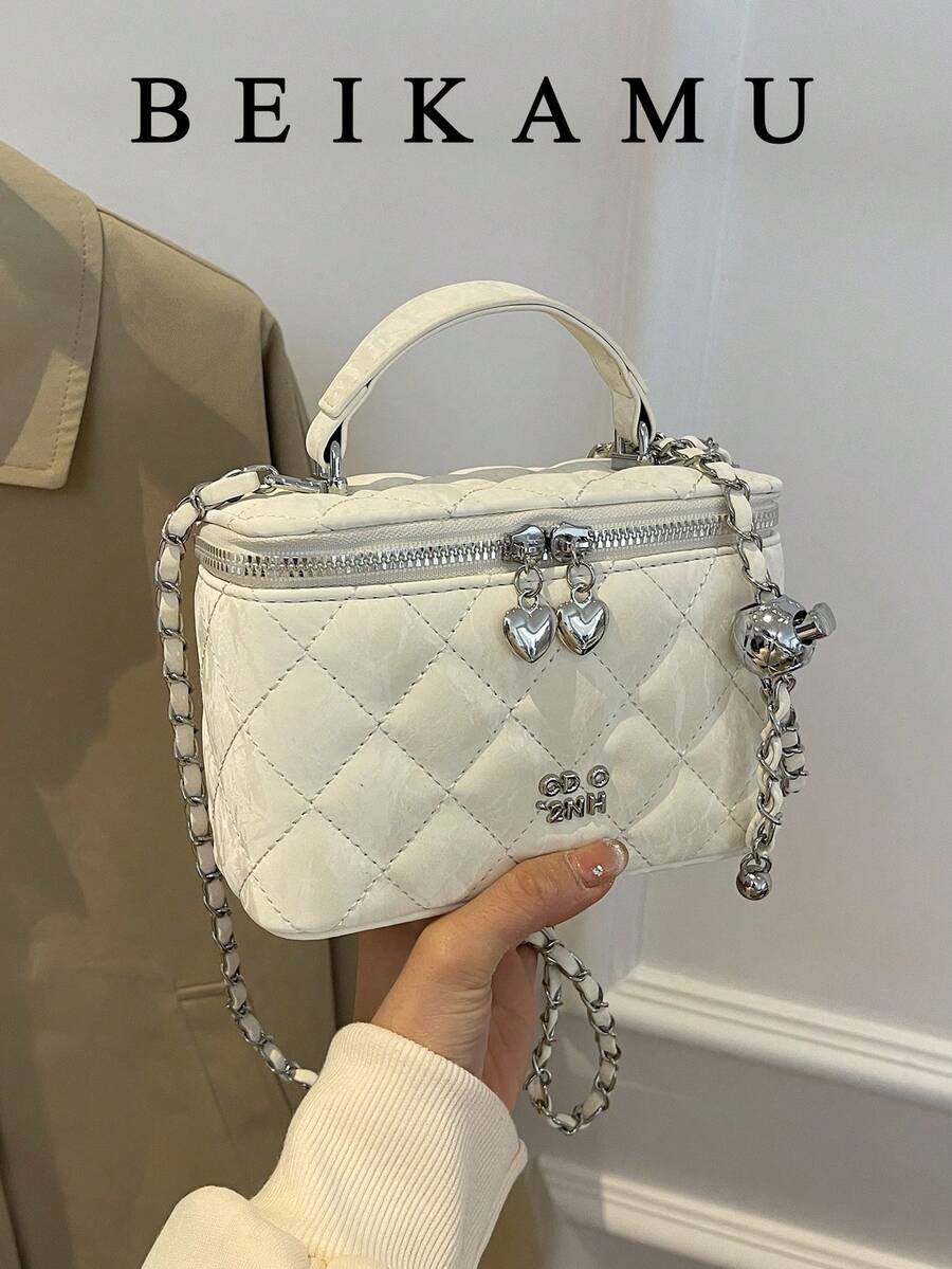 BEIKAMU 1pc Niche Design Rhombus Pattern Handheld Box Bag, New Season Lipstick Coin Purse, Elegant Chic Chain Shoulder Crossbody Bag - White - View 1