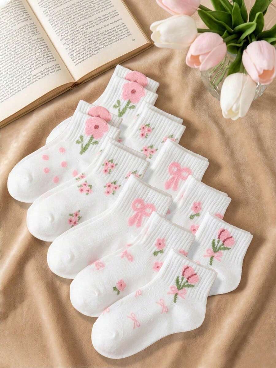 10双女童甜美可爱碎花、波点、蝴蝶结设计简约短袜,纯白色,超薄透气,圣诞礼物,休闲时尚ins风舒适白袜,颜色随机,适合所有季节,春夏秋冬 - 彩色 - 查看 1
