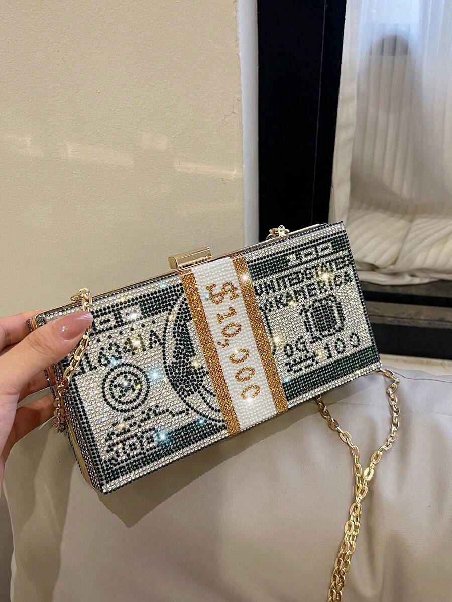 新款個性化創意美金鑽石手提包 晚宴包 鑲鑽小包 女款斜挎鏈條包 派對包 超火 Ins 風格 時尚小手提包 肩背包 唇膏包 - 綠色 - 查看 1