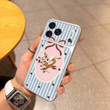 1pc TPU Material Retro Blue Striped Fox Strawberry Bow Pattern Phone Case Compatible With IPhone 17 Pro Max/17/16 Pro Max/15/14/13/12/11 Full Coverage Anti-Drop Soft Shell Protective Cover - Silver - View 4
