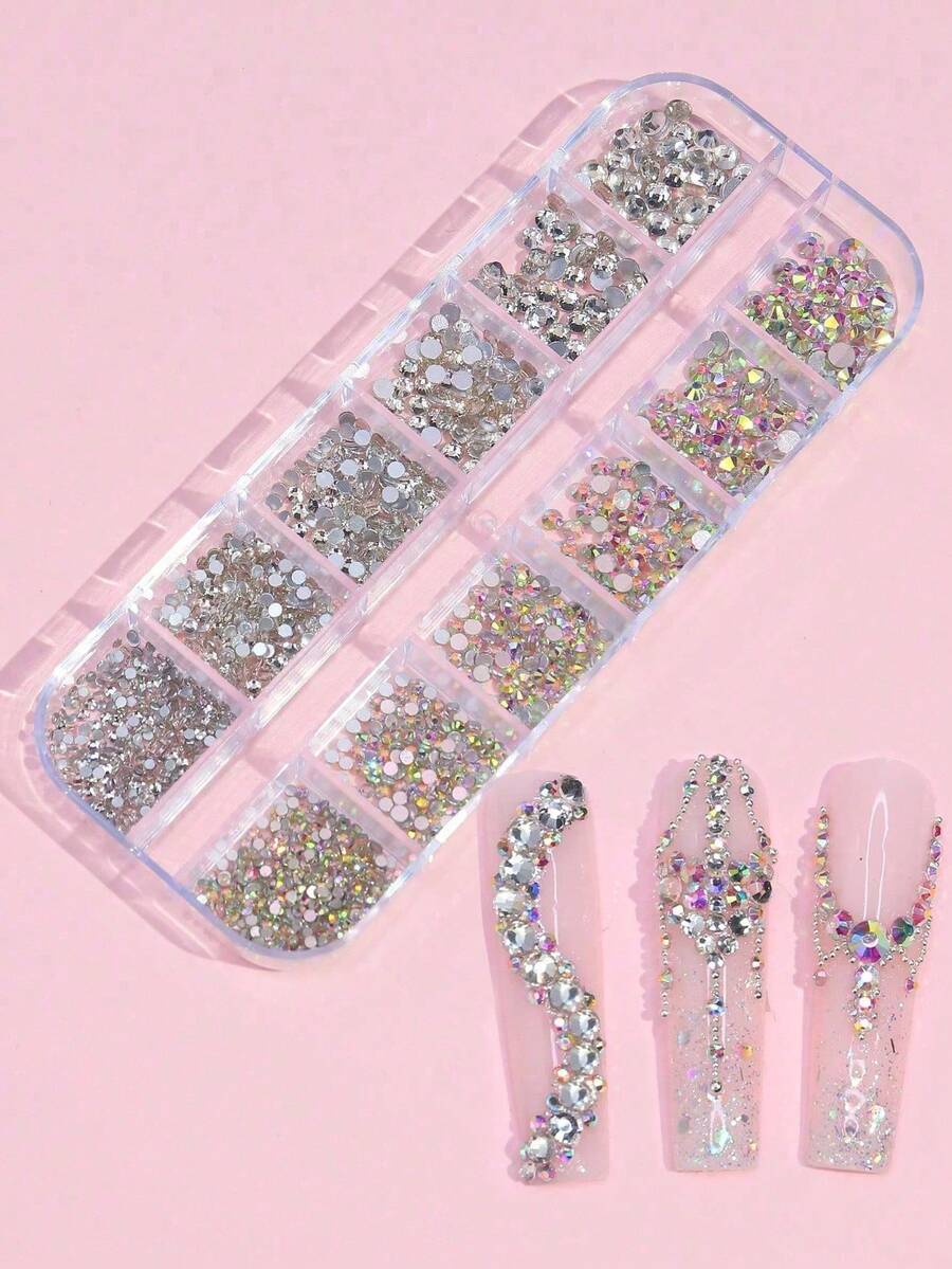 12-Grid Box Multi-Color Flat Back Rhinestones Nail Art Decoration Accessories, Easy To Pick Up, Long-Lasting Sparkle, Beginner-Friendly Nail Art Rhinestone Pen And Multi-Size Flat Back Rhinestone Set For Nail Art Beginners, Crafts, Phone Case And DIY Decoration - Multicolor - View 1