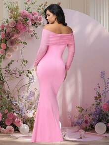 JustVH Pregnant Women's Ruched Mesh Open Shoulder Dress, Elegant Fitted Party Gown With Mermaid Hem Fall Pink - Pink - View 2