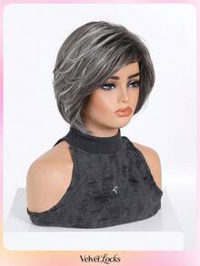 [Velvet Locks] Soft Heat-Resistant Layered Straight Side Part Bob Gray Highlights 12-Inch Synthetic Wig For Women For Elegant Daily Party - 挑染灰色 - 查看 4
