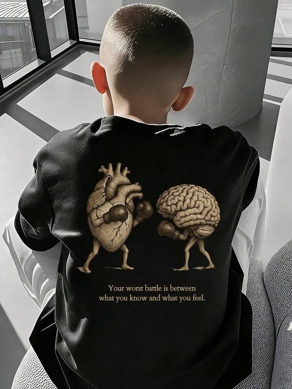 1pc Tween Boys Summer Short Sleeve T-Shirt, Vintage Fun Hand-Drawn "Heart Brain Boxing" Graphic Print, Personalized English Slogan Letter Loose Crew Neck Top, Street Casual Cool Style Versatile Apparel
