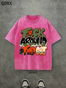 Plus-Size Vintage Washed T-Shirt, F#Ck Around And Find Out Casual Vacation Graphic T-Shirt, Loose Fit, Men's T-Shirt, A Surprise Gift - 粉色 - 查看 1