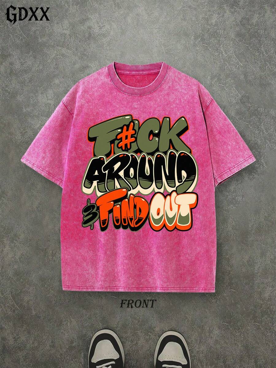Plus-Size Vintage Washed T-Shirt, F#Ck Around And Find Out Casual Vacation Graphic T-Shirt, Loose Fit, Men's T-Shirt, A Surprise Gift - 粉色 - 查看 1