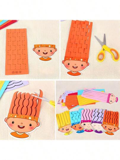 18pcs Kids Cartoon Character Hairstyle Paper Cutting Set, School DIY Barber Art Craft Activity Making Materials Scrapbooking, First Day Of School