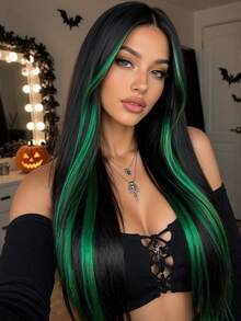 Women's Long Straight Wig, Green Ombre Gradient Color, High Density Heat-Resistant Synthetic Fiber, Black Multi-Color Dyed Ends, Suitable For Daily, Party, Cosplay, 26 Inch, Halloween Christmas Gift - Multicolor - View 1