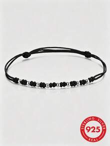 HuooNew 1 pieza Pulsera simple de plata de ley 925 tejida con cuerda negra, longitud ajustable, adecuada para uso diario - Negro - Ver 1